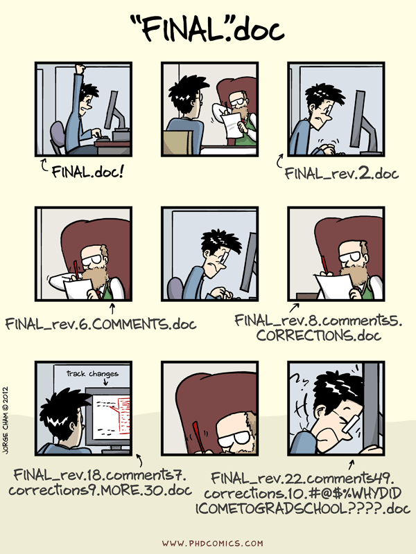 PhD Comics strip "FINAL".doc — a grad student's file goes through FINAL.doc, FINAL_rev.2.doc, FINAL_rev.6.COMMENTS.doc, FINAL_rev.8.comments5.CORRECTIONS.doc, FINAL_rev.18.comments7.corrections9.MORE.30.doc, and finally FINAL_rev.22.comments49.corrections.10.#@$%WHYDIDICOMETOGRADSCHOOL????.doc